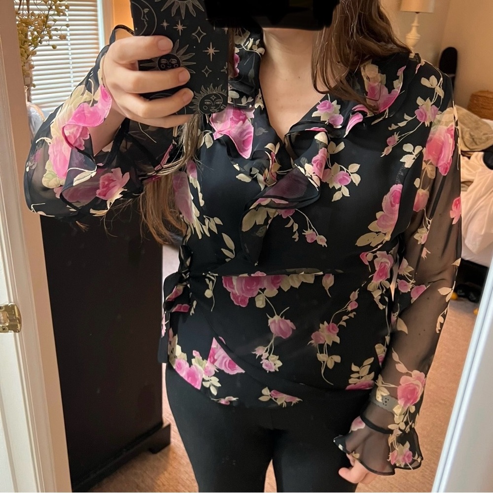 Vtg Floral Wrap Blouse L